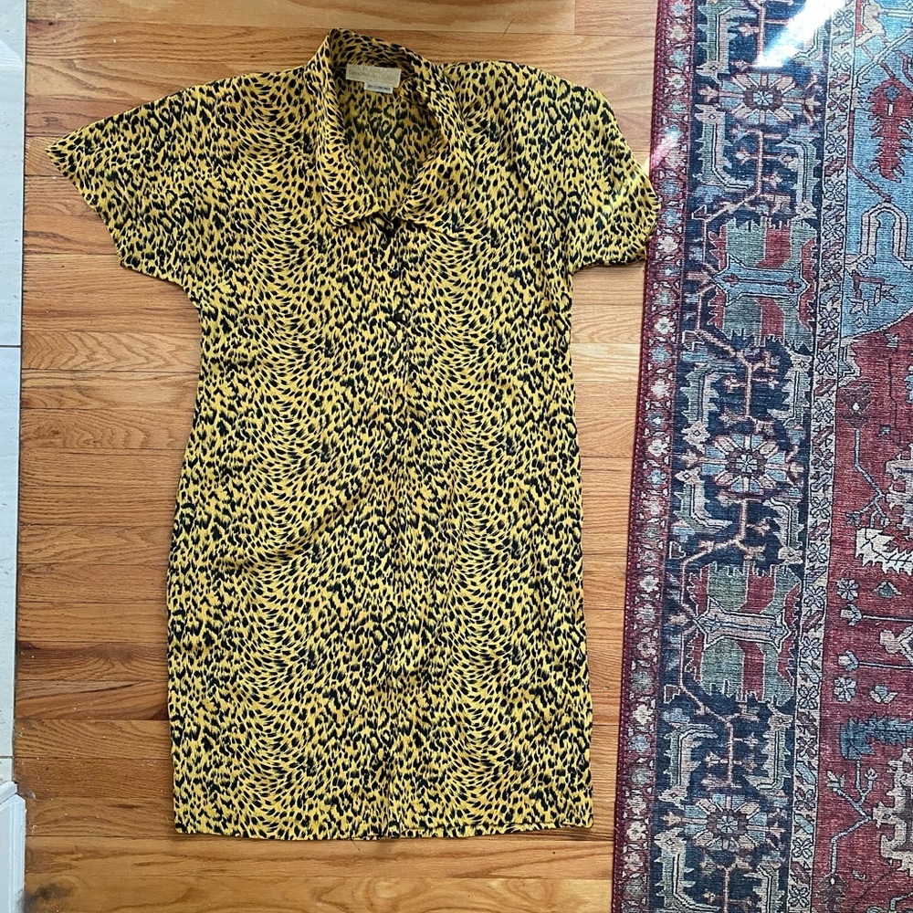 Vintage 80s Simone De Liliana Leopard Yellow Vixen Dress L/XL Paris NY Rome